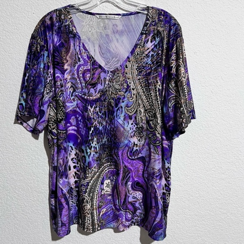 Peter Nygard Purple Paisley Print Boho V Neck Jersey Knit Short Sleeve Top 18